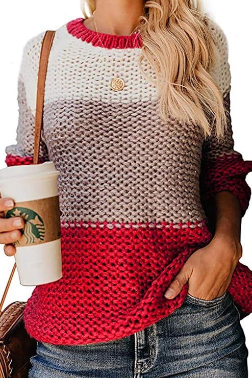 Womens Color Block Crewneck Sweaters Loose Striped Knitted Pullover Casual Tops | Amazon (US)