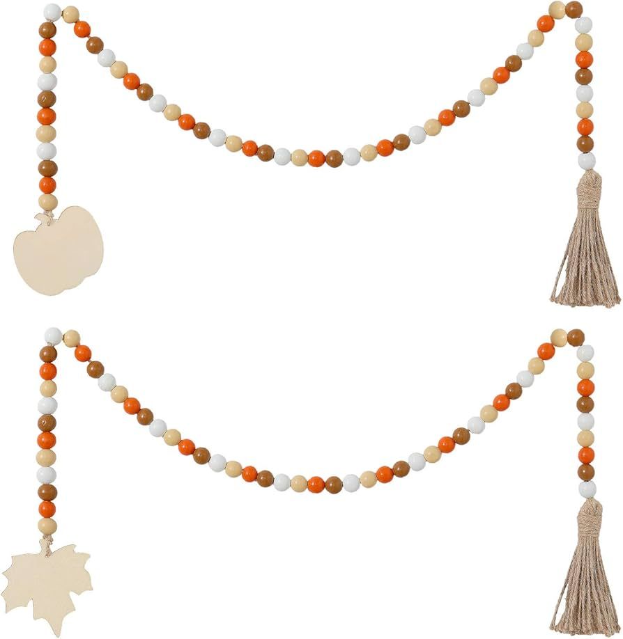 Fall Wooden Bead Tassels Ornaments with Pumpkin and Maple Leaves, Bead Garland Decoration for Hal... | Amazon (US)