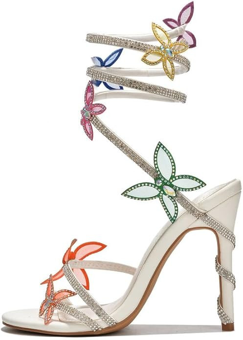 Diamante Heels Butterfly Wrap Around Strap Fantasy Rhinestone Sparkly Stiletto Heel Sandals | Amazon (US)