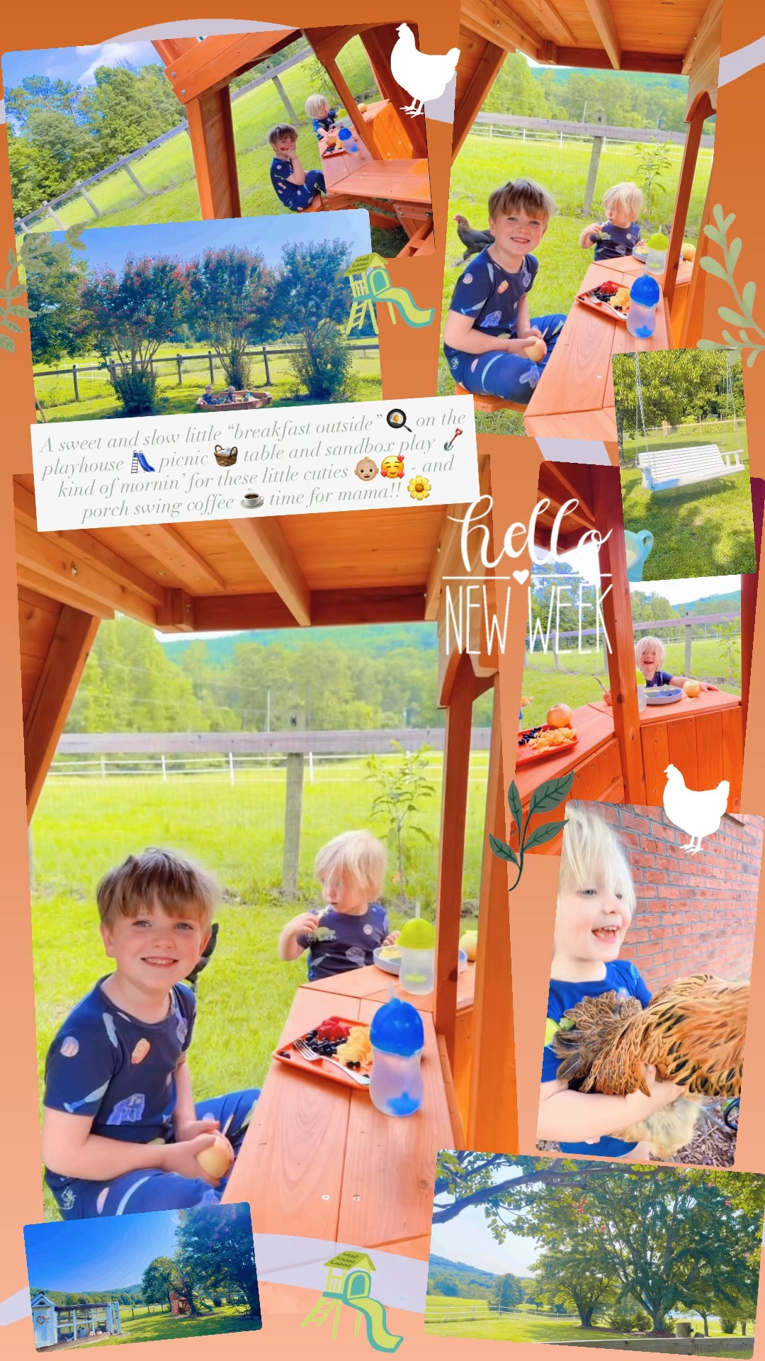 A sweet and slow little “breakfast outside” 🍳 on the playhouse 🛝 picnic 🧺 table and sandbox play 🪏 kind of mornin’ for these little cuties 👶🏼🥰 - and porch swing coffee ☕️ time for mama!! 🌼