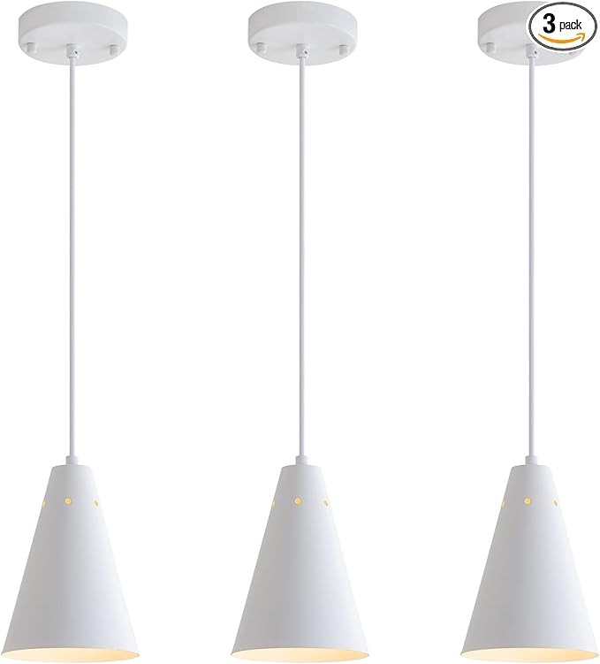 White Pendant Lights Kitchen Island,Dining Room Light Fixtures Over Table 3 Pack with Cone Metal ... | Amazon (US)