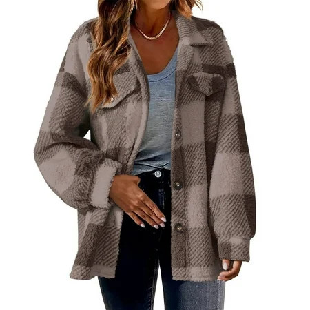 HTNBO Women's Casual Flannel Plaid Shacket Button Down Long Sleeve Shirt Jacket Coats | Walmart (US)
