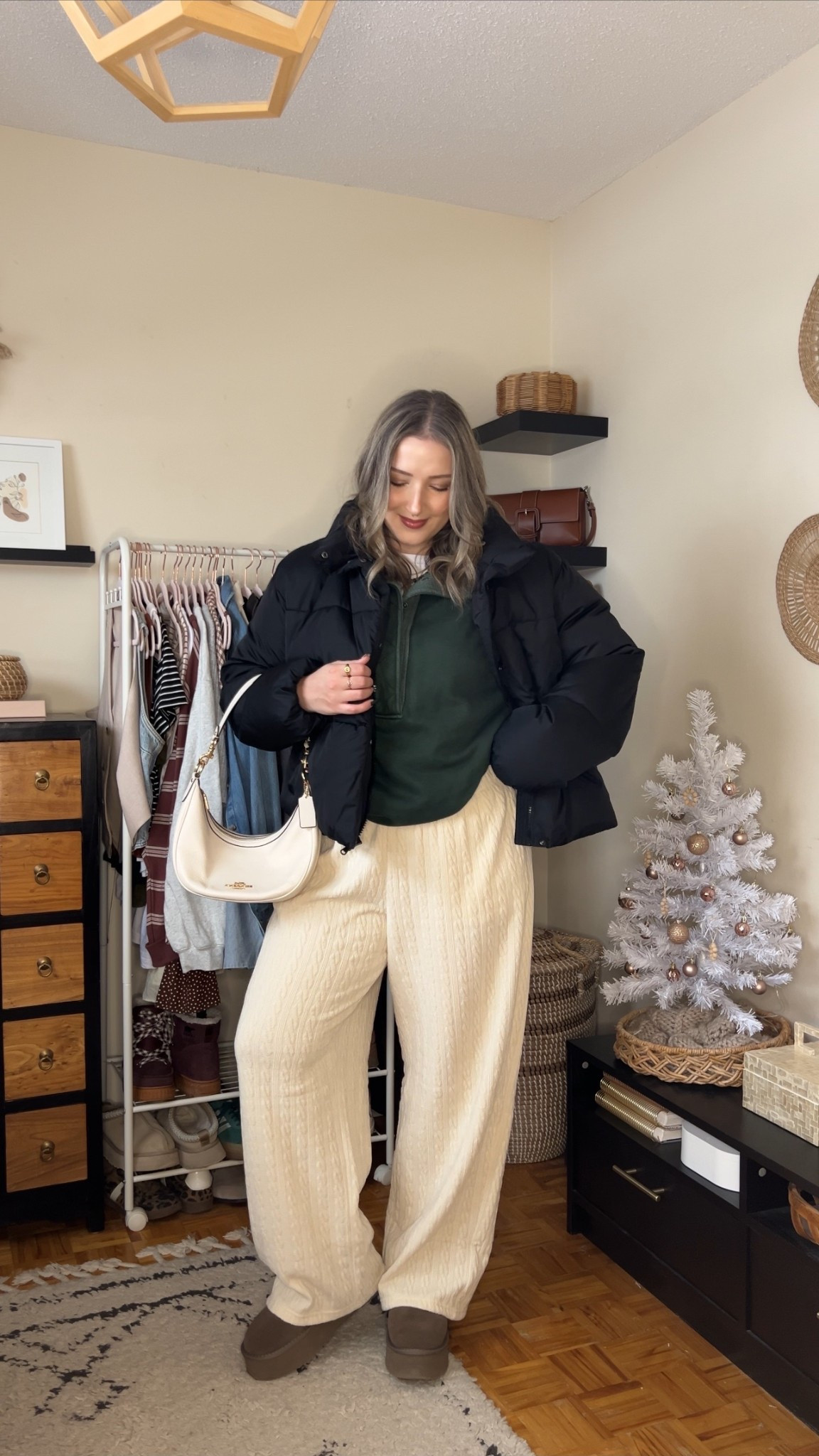 Comfy casual winter errands outfit! Wearing my usual size L in the cream cable knit wide leg pants, white tee, dark green sweatshirt, and black puffer jacket. My Ugg style boots are Amazon and such good quality, I’m usually a 9.5-10 and wear a 10. Canadian puffer jacket link under “similar products"

#LTKsale #LTKmidsize #LTKwinter
