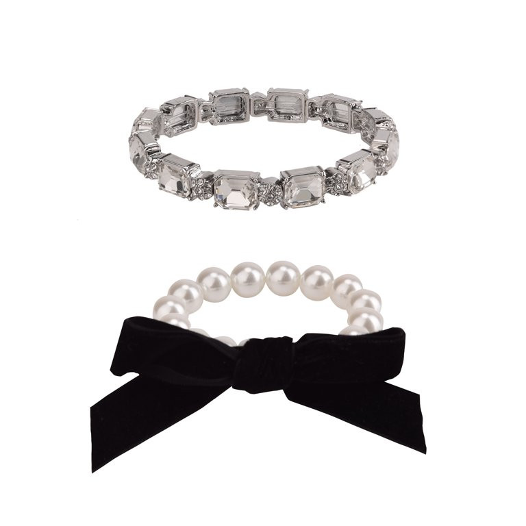Time and Tru Adult Female 2pc Faux Pearl and Stone with Black Fabric Bow Silver-Tone Bracelet Set | Walmart (US)