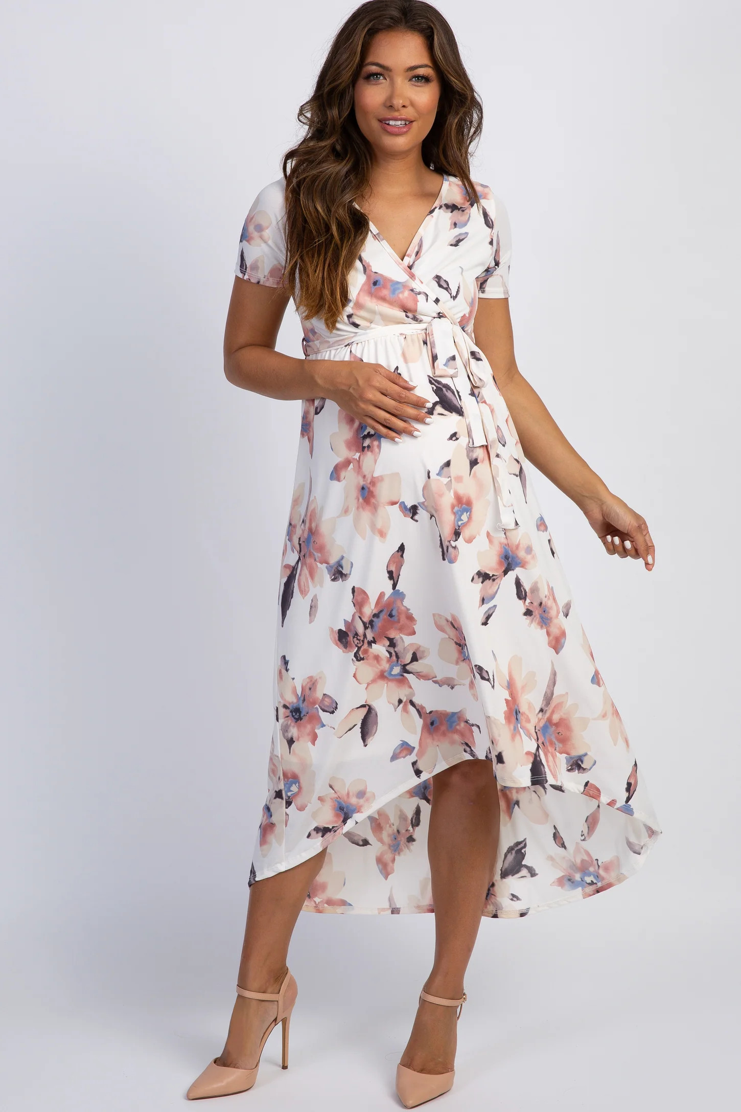 PinkBlush Ivory Watercolor Floral Hi-Low Maternity Wrap Dress | PinkBlush Maternity