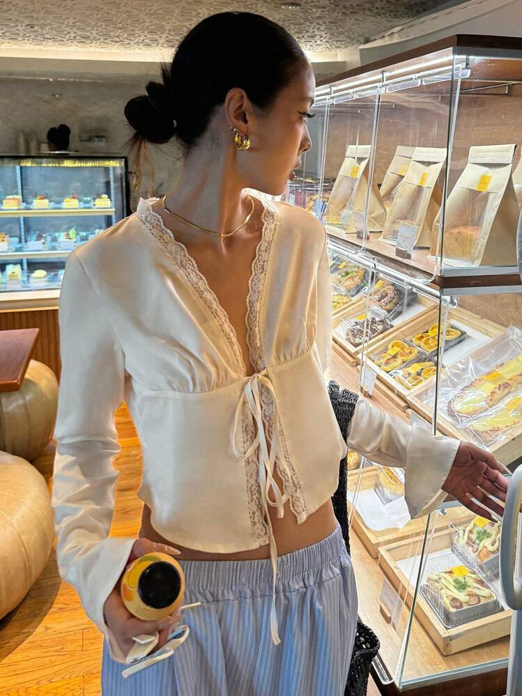 DAZY Bohemian Style Holiday Seaside Lace Stitching Cardigan Slim Long Sleeve Spring Women's Shirt | SHEIN