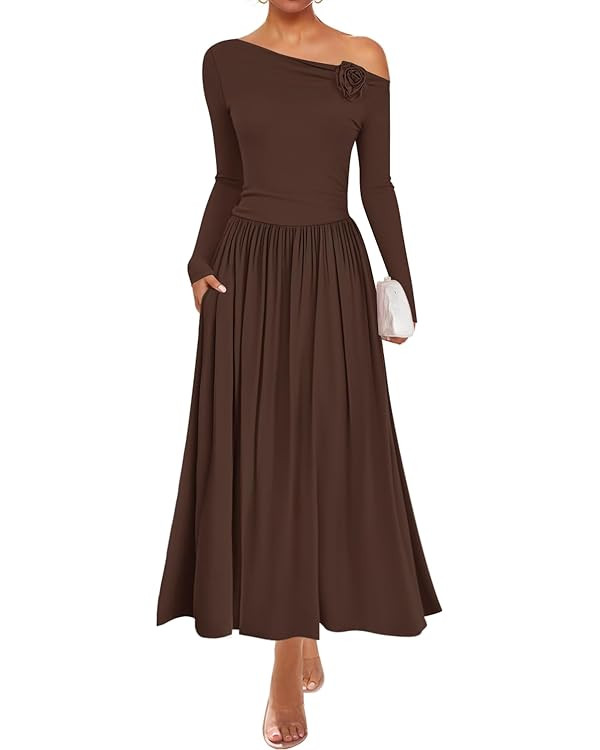 ZESICA Women's 2025 Fall Long Sleeve Off Shoulder Maxi Dress Pleated Elegant Formal Wedding Guest... | Amazon (US)