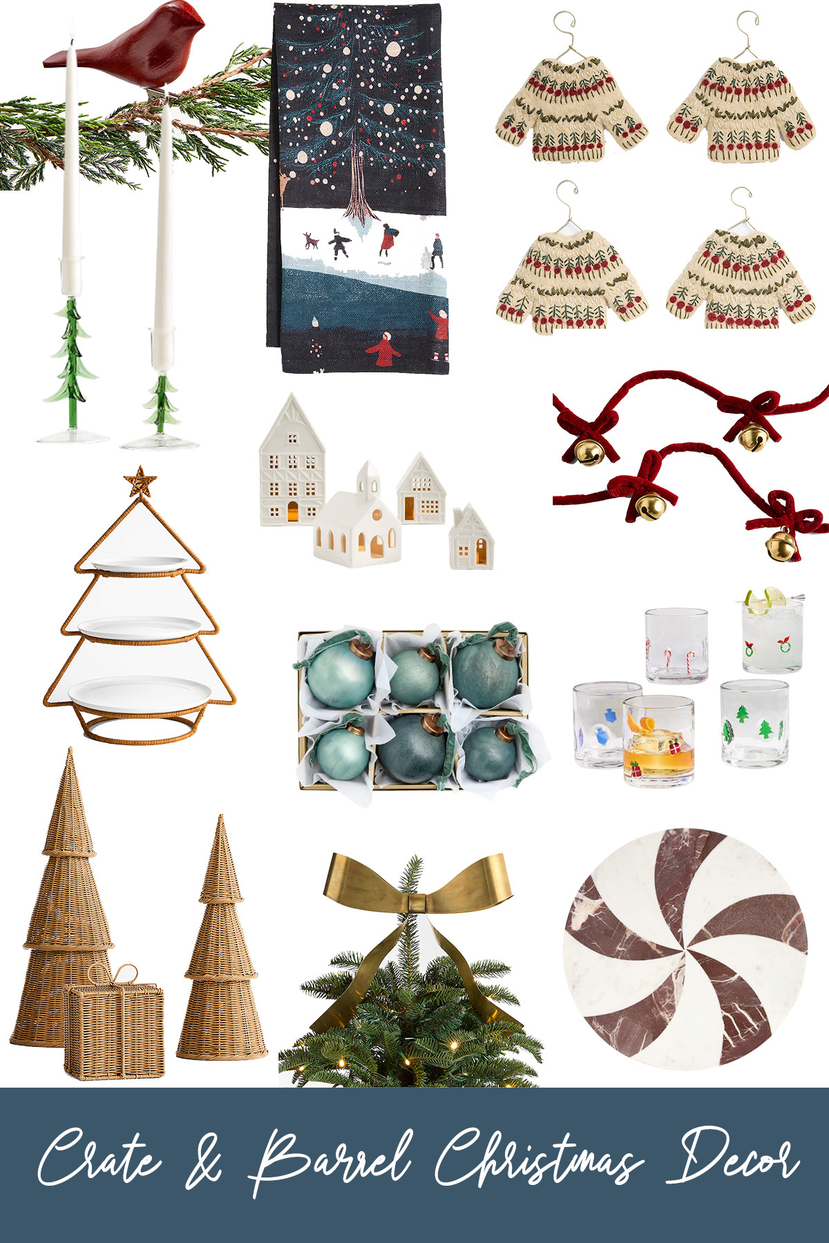 Crate and Barrel Christmas Decor

Create and Barrel is great if you’re looking for a modern, elevated approach to holiday styling. Their pieces are a mix of clean lines, natural materials, and playful seasonal motifs. Cooler tones also play a big role, especially with the soft teal ornaments and the winter scene kitchen towel, while sculptural elements like the marble peppermint-inspired serving board and the gold three-tier serving tree introduce both function and artistry. Woven rattan trees and gift boxes contribute warmth and texture, balancing the sleeker pieces for a grounded, cozy feel. 

 #LTKHoliday #LTKSeasonal #LTKHome