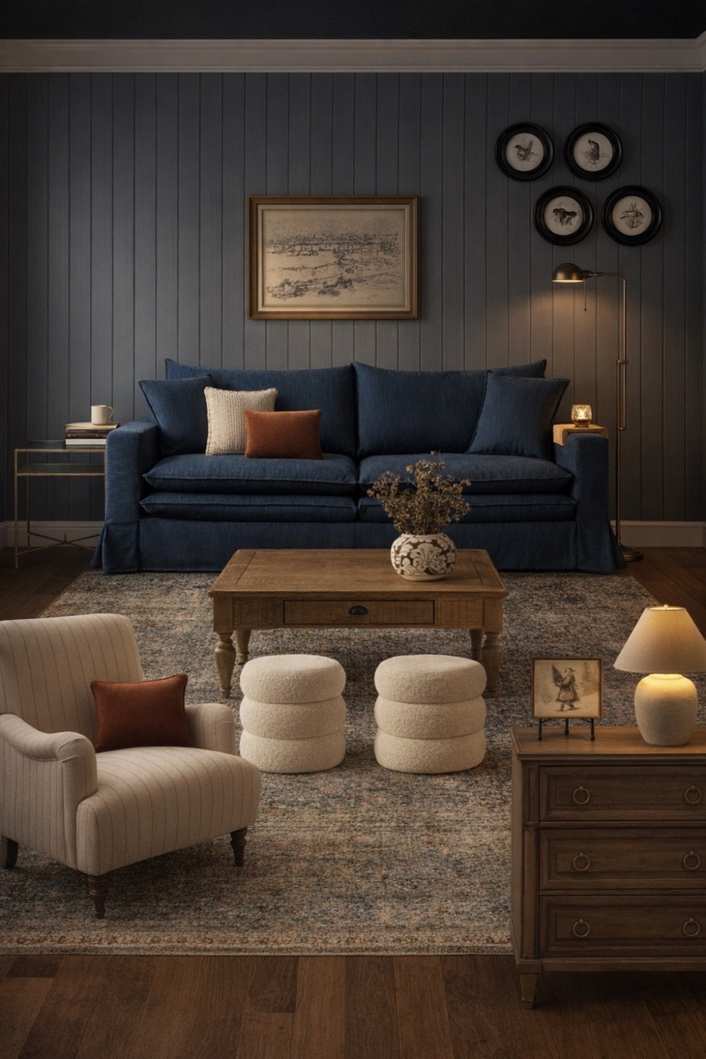 living room decor ideas! Get the look from Wayfair, Etsy  and Amazon.  navy sofa, floor lamp, vintage coffee table, holiday decor, throw pillow, accent chair, chairs, Ottomans, storage ottomans 

 

#LTKFindsUnder100 #LTKHome #LTKSaleAlert