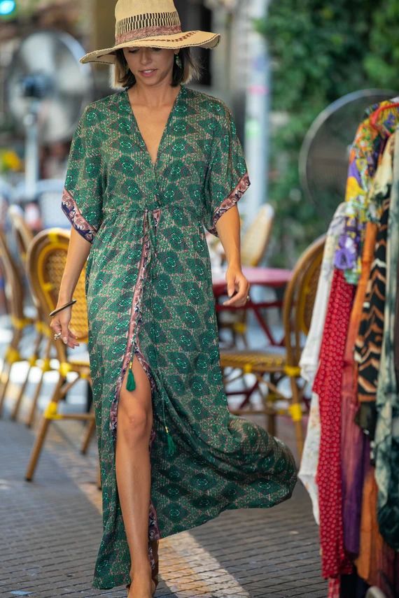 Green Silky Kaftan Summer Dress Women Resort Vacation Beach | Etsy | Etsy (US)