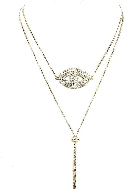 Gold Evil Eye Lariat Necklace for Women 18K Gold Plated Sliding Adjustable Chain Choker Jewelry | Amazon (US)