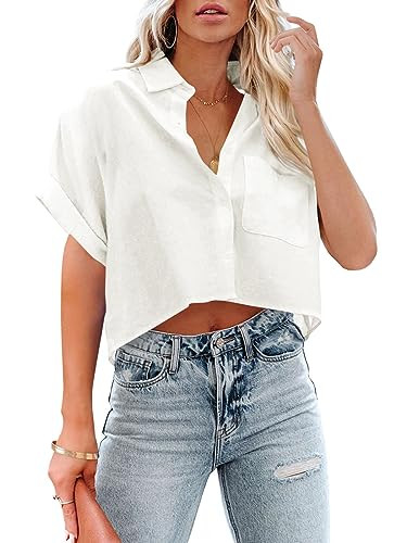Tankaneo Womens Button Down Cropped Shirts Long Sleeve Casual Crop Tops Solid Lapel Blouse Shirt ... | Amazon (US)