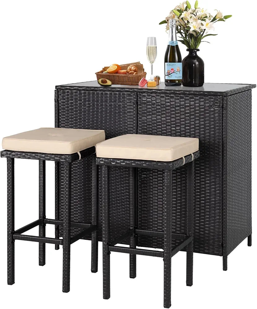 Cemeon Outdoor Bar 3-Piece Patio Bar Set with Two Stools and Glass Top Bar Table Brown Wicker Pat... | Amazon (US)
