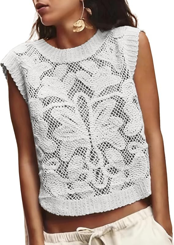 Gratoryna Womens Hollow Out Crochet Tops Cap Sleeve Knit Beach Bikini Cover Up Top Shirt(White-S)... | Amazon (US)