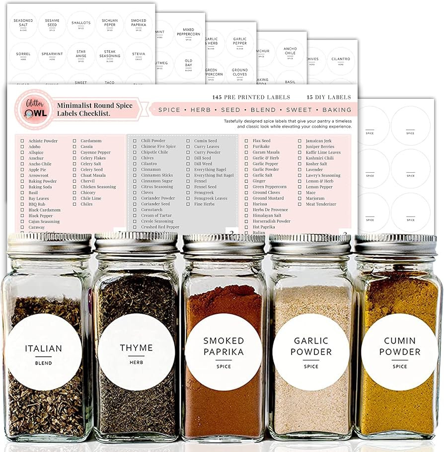 Minimalist Spice Labels - 160 Waterproof Spice Jar Labels - Preprinted Herb Stickers - Fits Round... | Amazon (US)