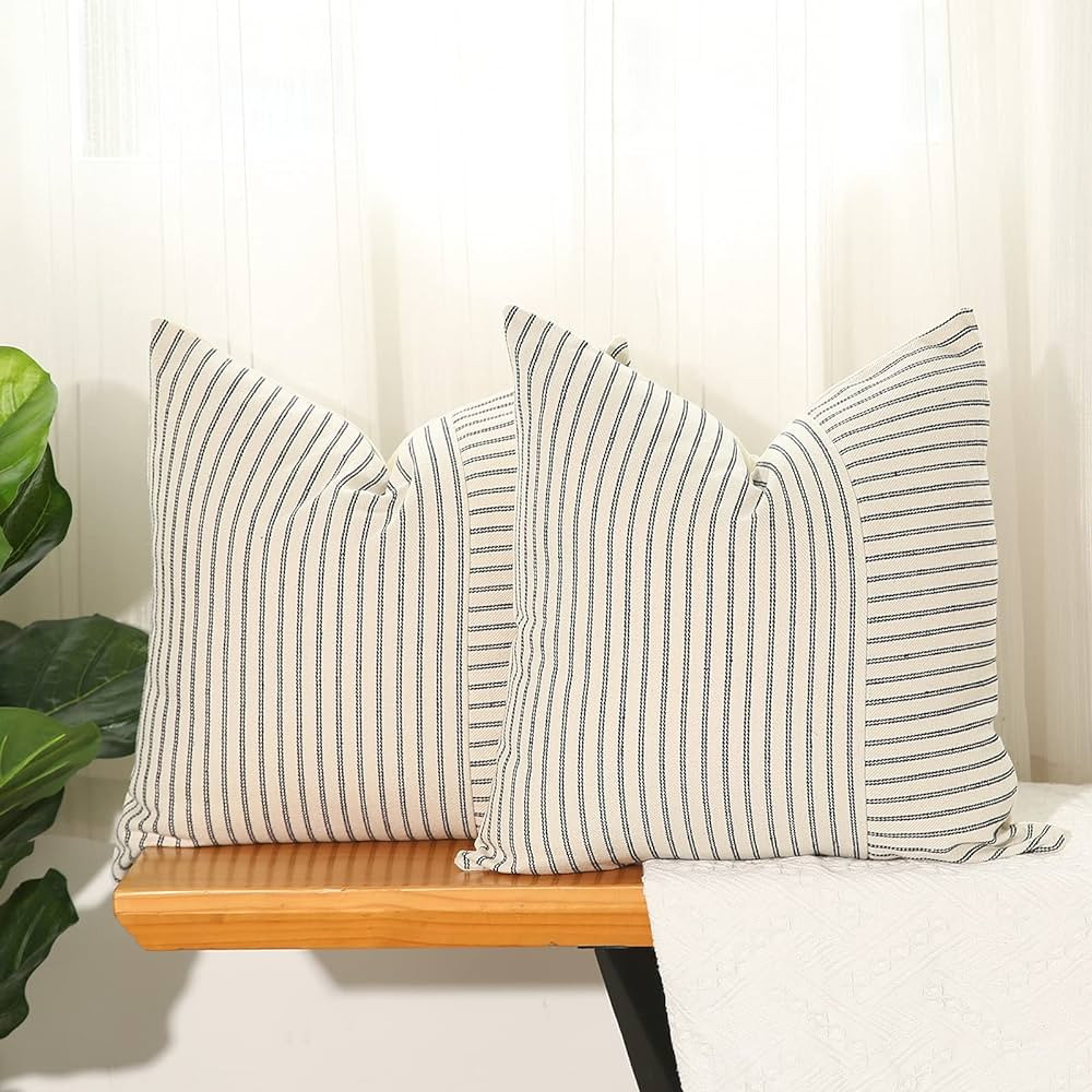 Hckot Black and Beige Patchwork Farmhouse Throw Pillows Covers 18 x 18 Inch, Pack of 2 Striped ... | Amazon (US)