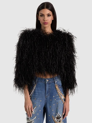 KIDMAN FEATHERED JACKET - BLACK | Alice + Olivia