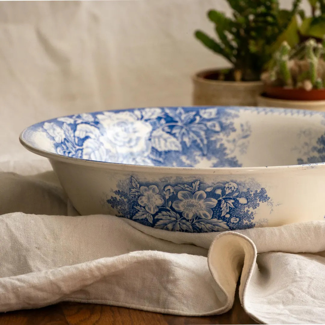 LARGE French Antique White Ironstone Sarreguemines Bowl With Blue Pattern - Etsy | Etsy (US)