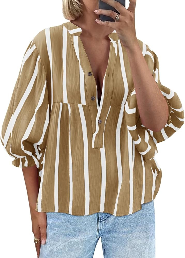 Tankaneo Womens Puff Sleeve Babydoll Tops Summer V Neck Striped Blouse Cute Casual Loose Fit Flow... | Amazon (US)