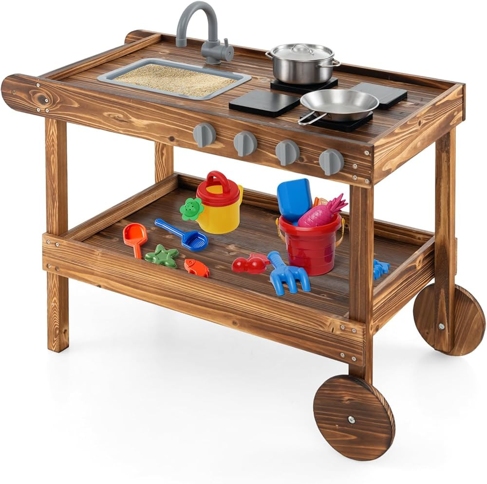HONEY JOY Mud Kitchen with Wheels, Fir Wood Outdoor Play Kitchen for Toddlers, Garden Sink, Stove... | Amazon (US)