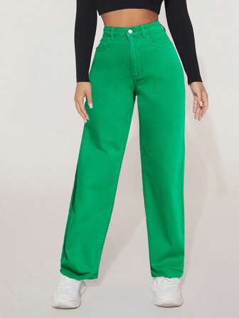 SHEIN PETITE Solid Straight Leg Jeans | SHEIN