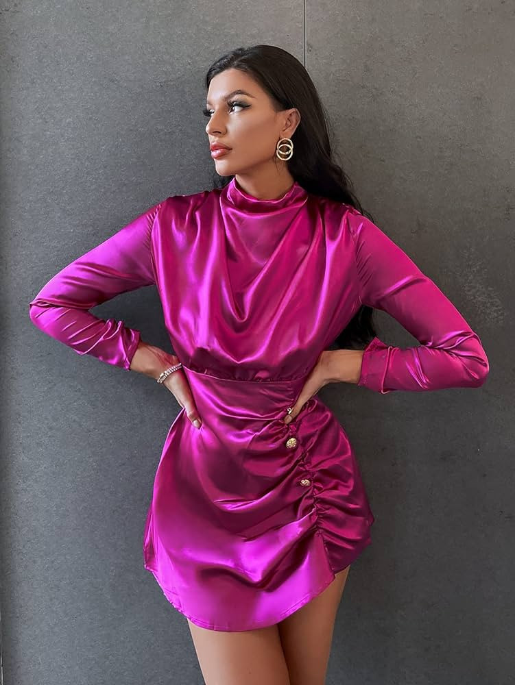 ESAAH Women's Fashion Dress 2022 Drape Ruched Fake Button Satin Dress Fashion Beauty Unique Comfo... | Amazon (US)