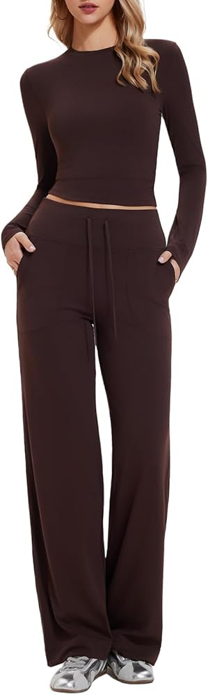 Women’s 2 Piece Lounge Sets Slim Crew Neck Long Sleeve Top & High Waist Straight Pants Tracksui... | Amazon (US)