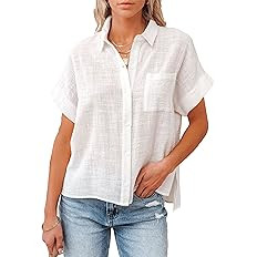 Womens Short Sleeve Cotton Button Down Up Shirt Collared V Neck Tops Shirts Blouses Dress for Wom... | Amazon (US)