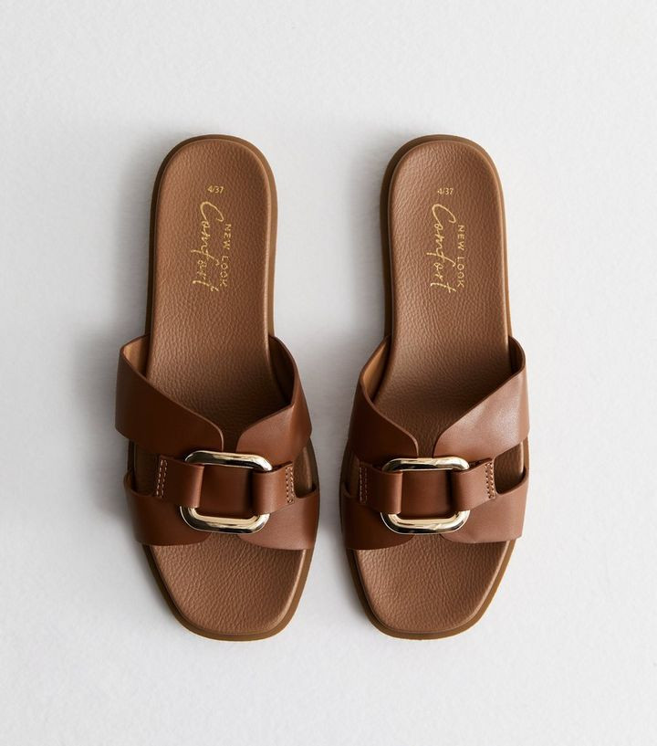Tan Leather-Look Buckle Sliders | New Look | New Look (UK)