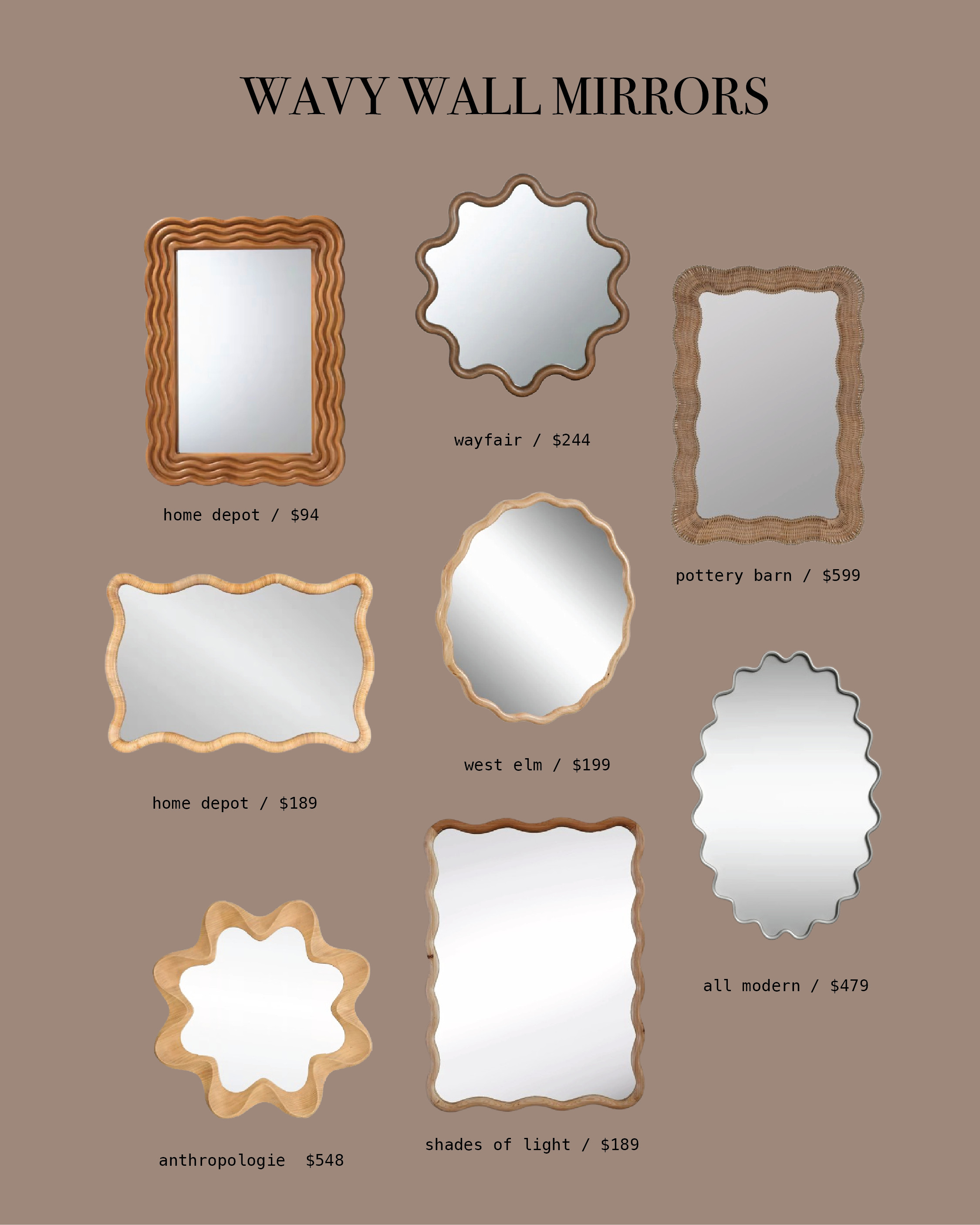 Wavy wall mirrors that are a playful accent for any space.  

 