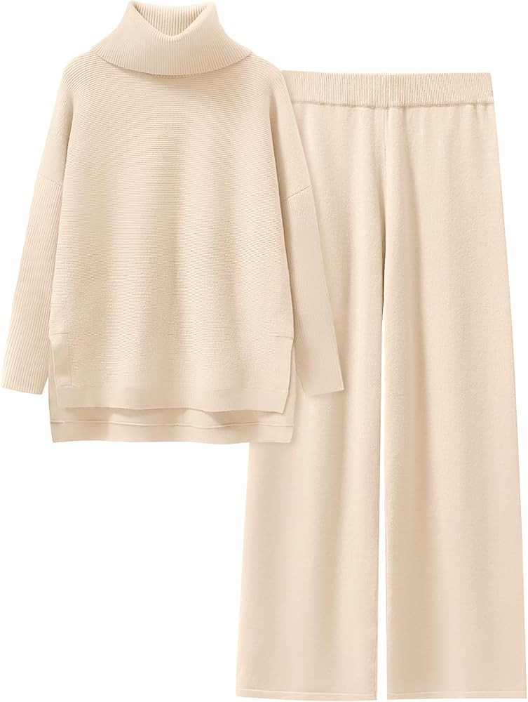 ANRABESS Women Two Piece Outfits Oversized Turtleneck Knit Pullover Sweater Top Wide Leg Pants Lo... | Amazon (US)