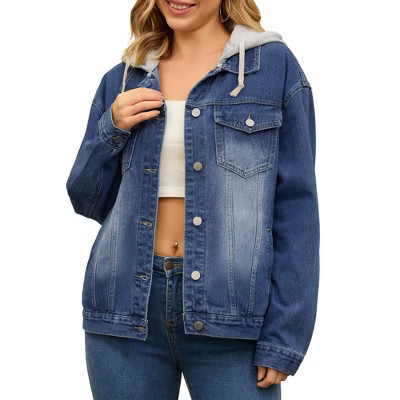 INSPIRE CHIC Women's Long Sleeve Button Down Detachable Hoodie Jean Jacket Dark Blue X-Large | Target