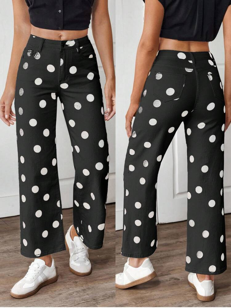 EMERY ROSE Women's Casual Commuter Polka Dot Print Loose Straight Leg Jeans | SHEIN