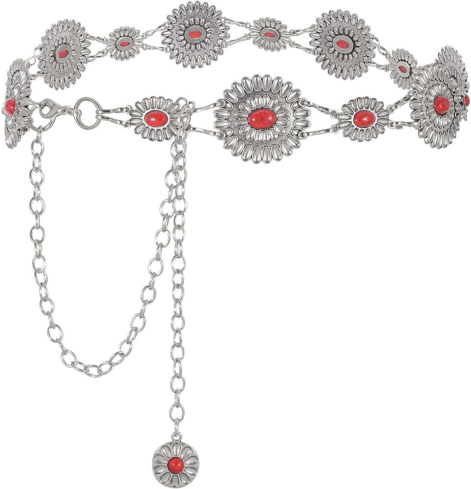 WHIPPY Women Concho Chain Belt Metal Link Western Cowgirl Turquoise Chain Belt for Dress | Amazon (US)