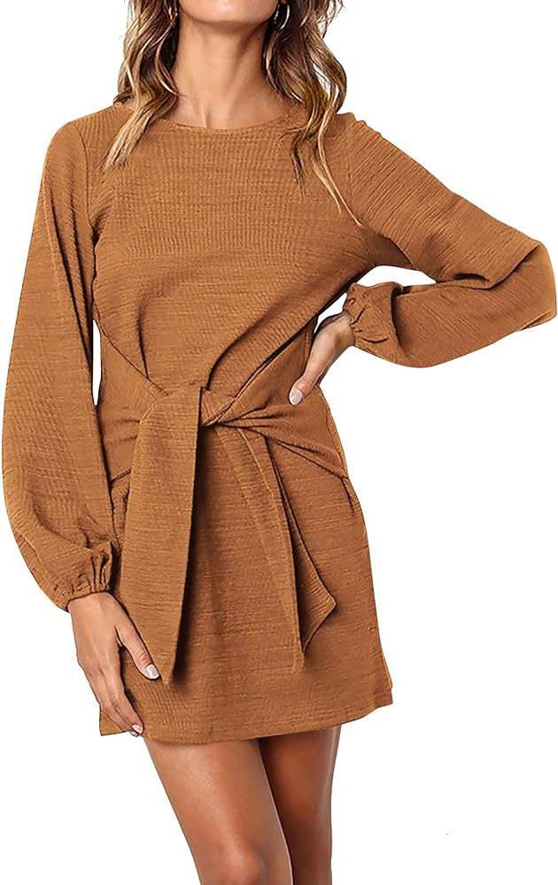 PRETTYGARDEN Womens Fall Elegant Long Lantern Sleeve Short Dress Wedding Guest Crewneck Tie Waist... | Amazon (US)