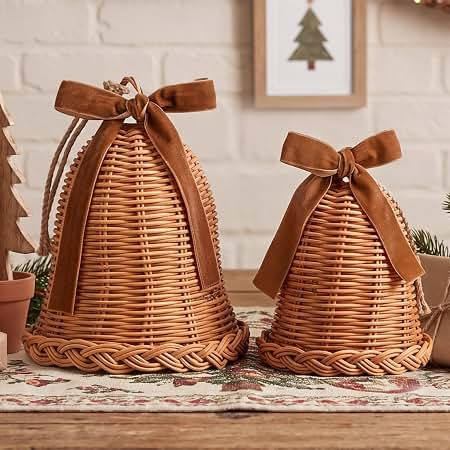 Amazon.com: Junkin 2 Pcs Woven Rattan Christmas Bells with Velvet Bows 9'', 6.5'' | Rustic Farmho... | Amazon (US)