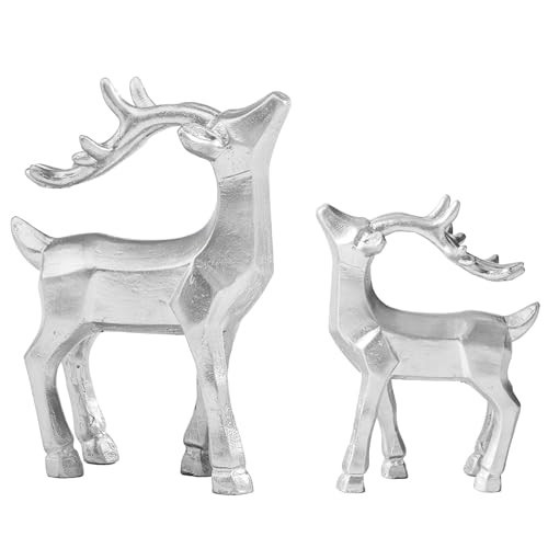 DN DECONATION Reindeer Christmas Decorations Set of 2 – Silver Xmas Reindeer Figurines with Faceted Surface, Modern Resin Standing Christmas Deer Statues for Mantel Tabletop Shelf Winter Decor | Amazon (US)