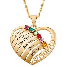 Engraved Heart Family Birthstone Necklace for Mom | Limoges Jewelry