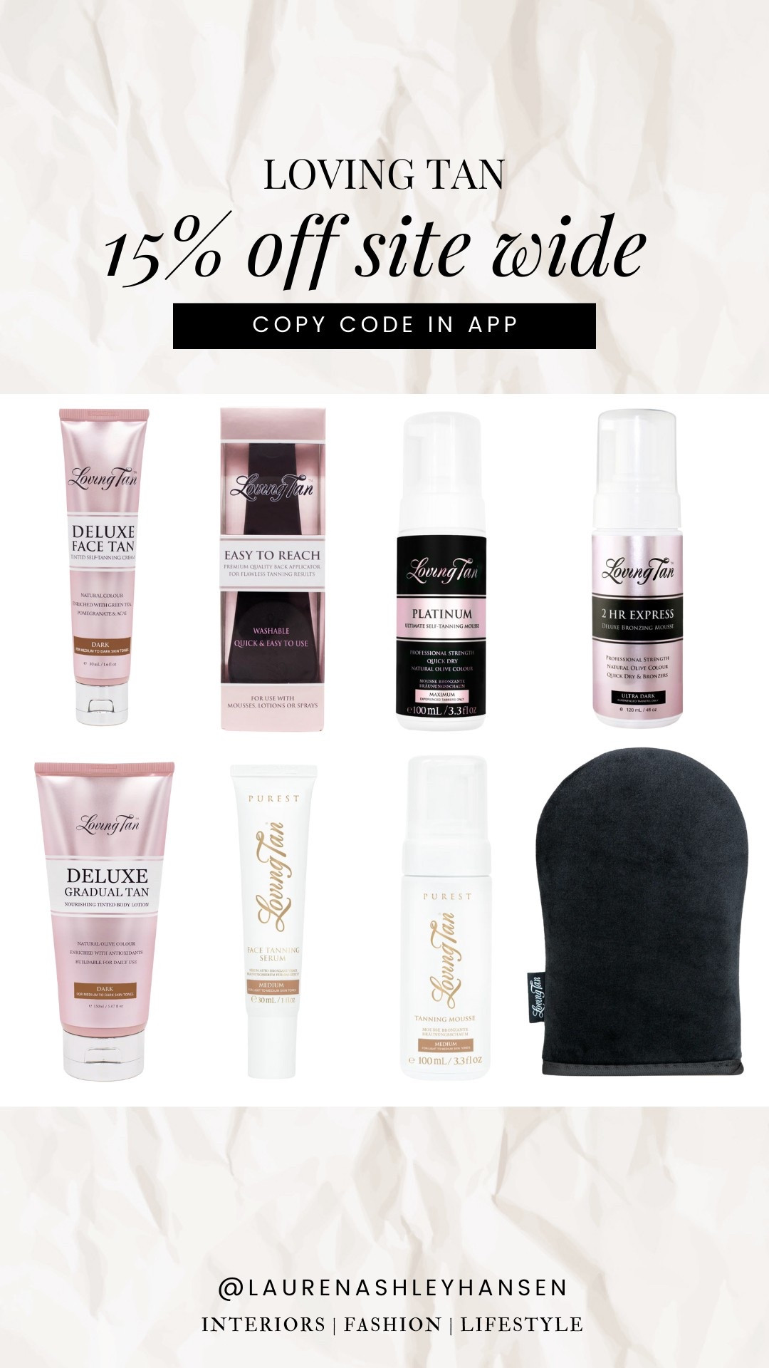 The LTK spring sale is here!! My go-to tanning products for YEARS now have been Loving Tan! I love their Platinum Ultimate Tanning Mousse. It’s my go to, and the Natural Olive color gives me the prettiest streak free tan. Save 15% off sitewide now through 3/18!!! Copy the code and apply at checkout!!

#LTKSaleAlert #LTKSpringSale #LTKStyleTip