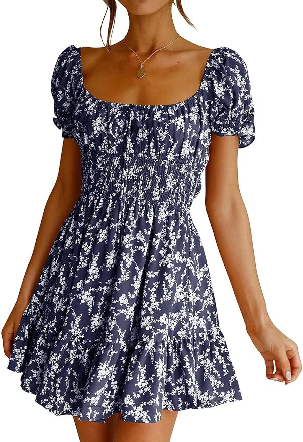 Imily Bela Womens Summer Dress Ruffle Sleeve Sqaure Neck Smocked Sun Dress Casual Boho Beach Flor... | Amazon (US)