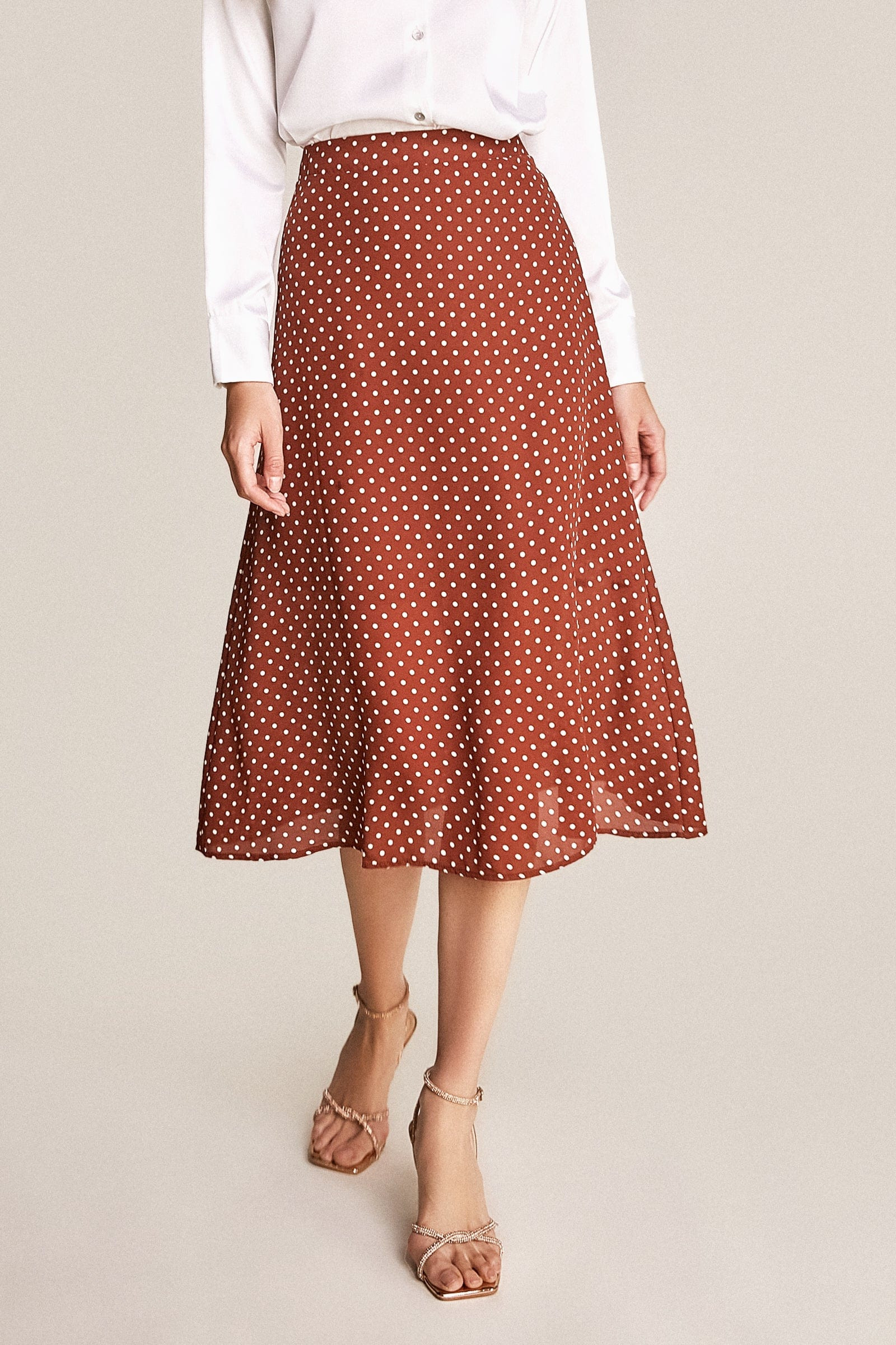 Saddle Brown Polka Dot A-Line Midi Skirt | J.ING