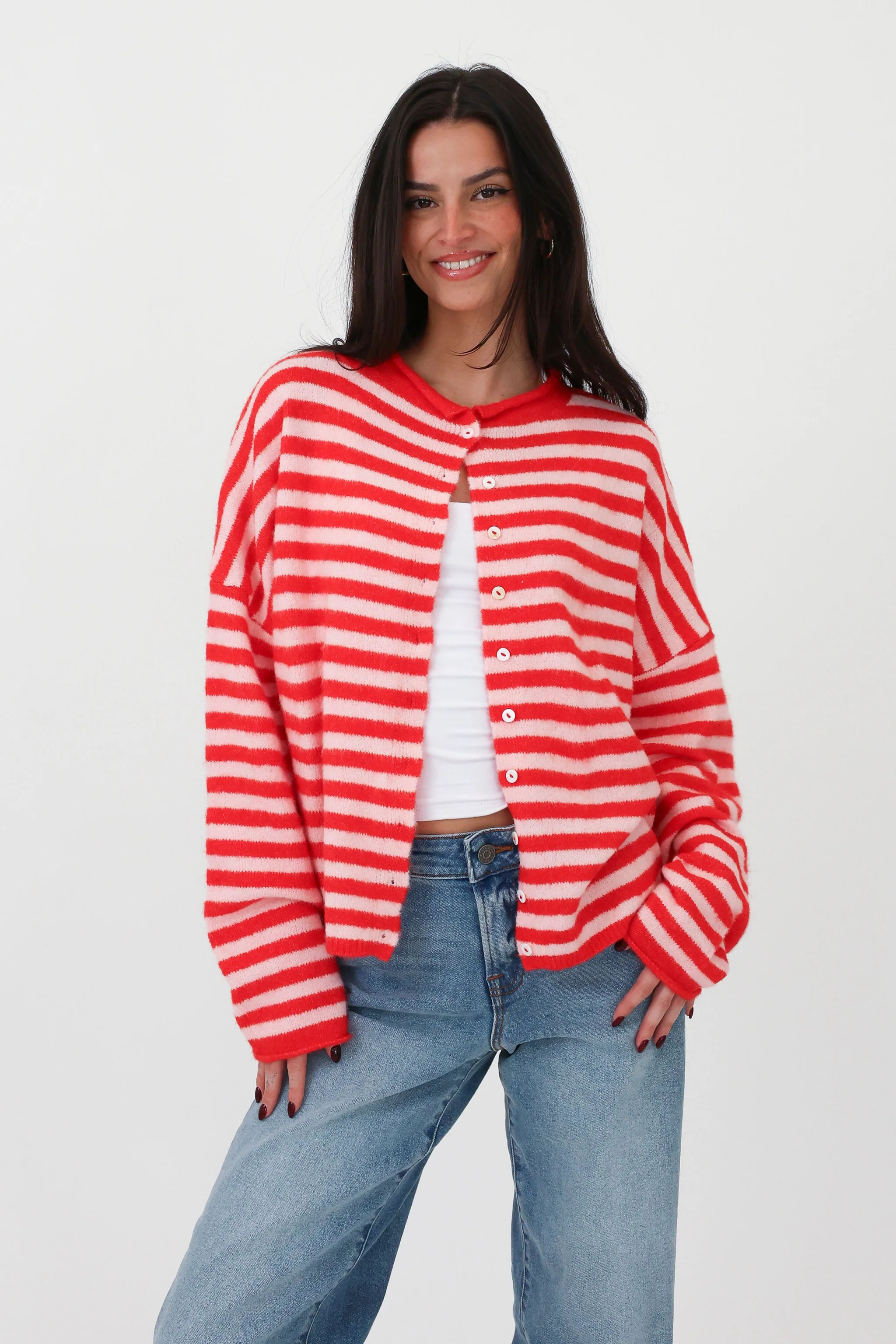 Phoebe Cardigan in Pink/Red Stripe | Grey Bandit