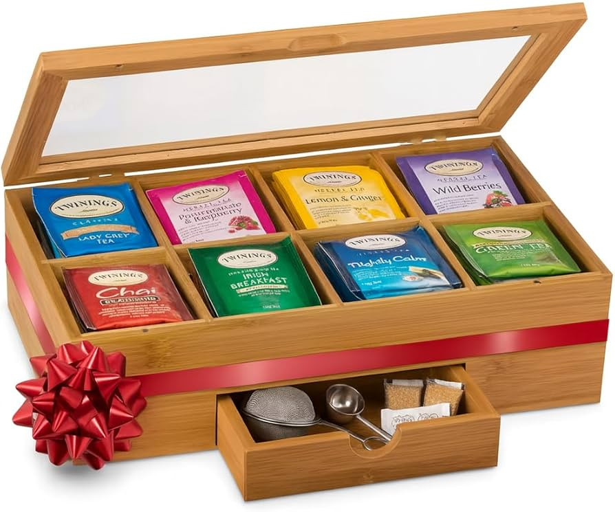 Tea Bag Organizer - Christmas Gift Bamboo Tea Box Organizer Storage Box, Tea Bag Holder with Draw... | Amazon (US)