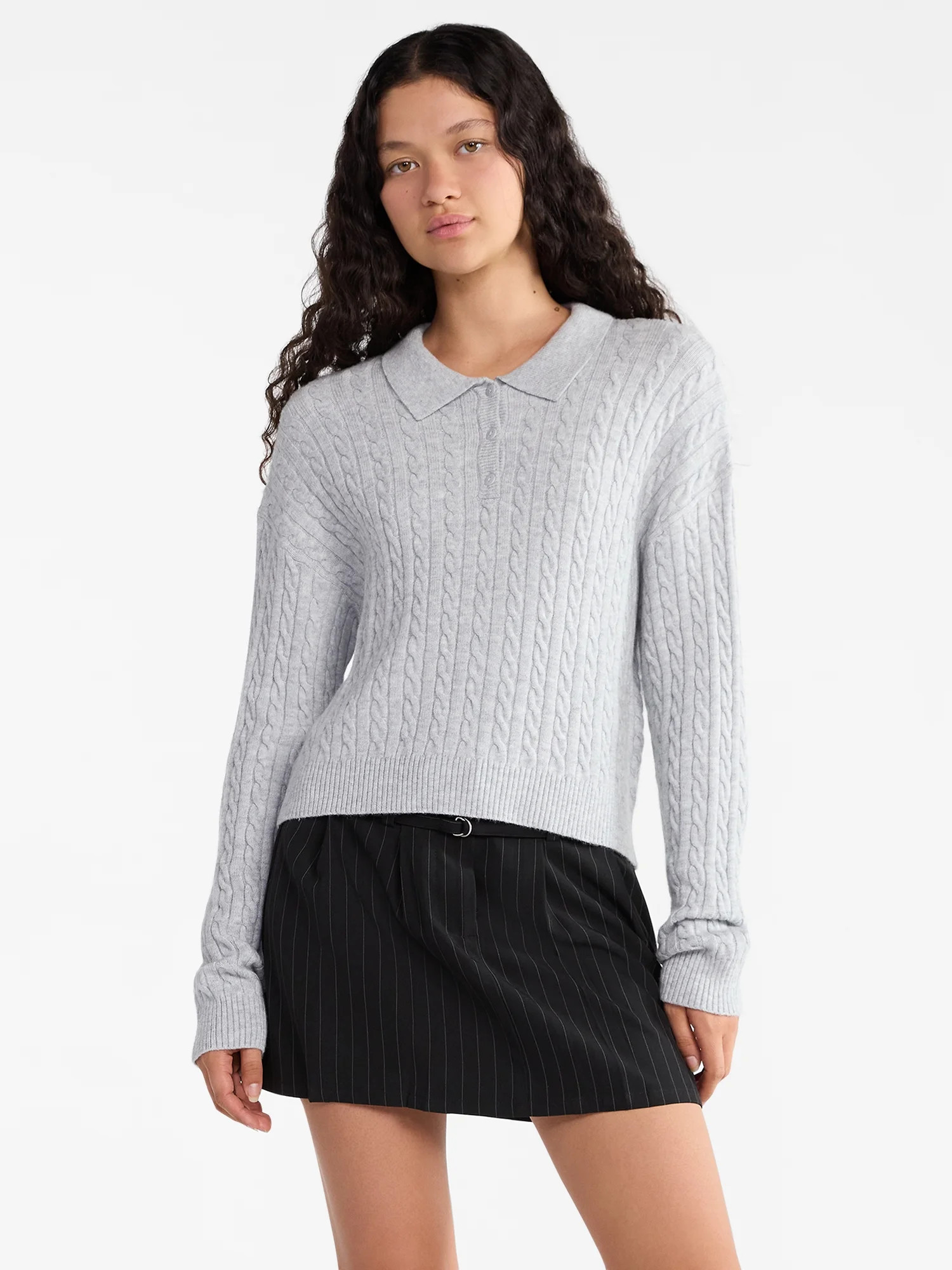 No Boundaries Cable Knit Collared Pullover, Women's | Walmart (US)