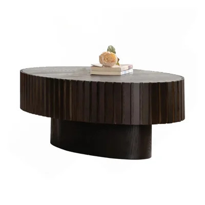 Olive-Shaped Oval Coffee Table with Handcrafted Relief Detail, Solid Wood and MDF Pedestal Base in Brown | Wayfair North America