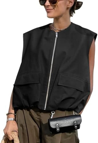 Yimoon Women’s Oversized Zip Up Cargo Vest Casual Ruched Hem Sleeveless Blazer Jackets Vest Top... | Amazon (US)