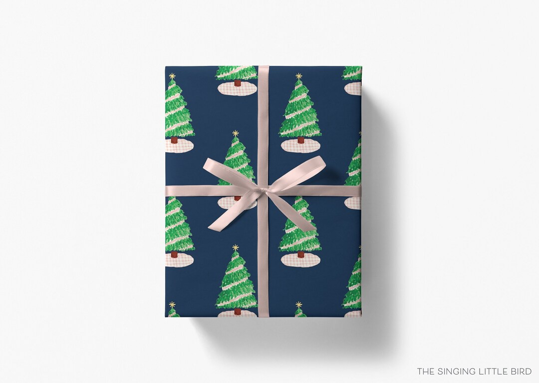 Navy Pink Gingham Christmas Gift Wrap | Christmas Tree Wrapping Paper | Holiday Wrapping Paper | ... | Etsy (US)