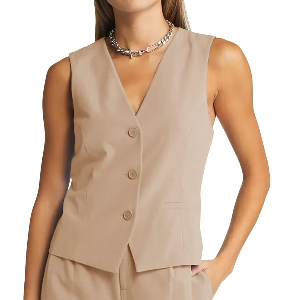 GAMISOTE Women Crop Blazer Sleeveless V Neck With Pockets Summer Chiffon Waistcoat Khaki | Amazon (US)