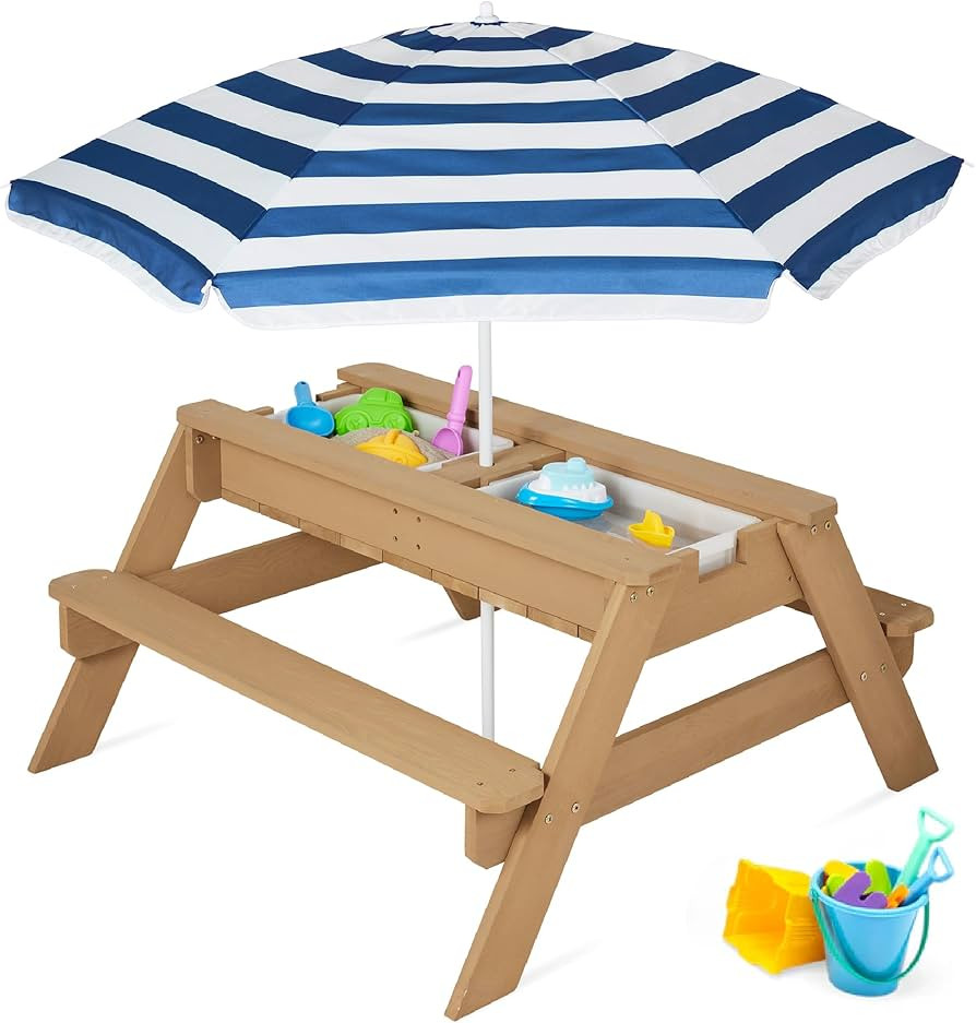 Best Choice Products Kids 3-in-1 Sand & Water Table, Wood Outdoor Convertible Picnic Table w/Umbr... | Amazon (US)
