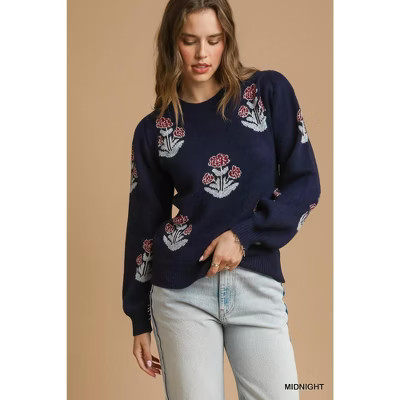 Umgee Floral Knit Sweater with Puff Sleeves Blue M | Target